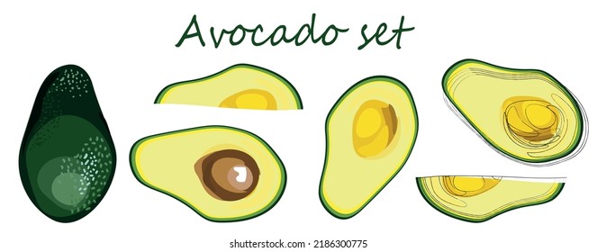 
Big set with avocado. Sliced ​​avocado with pit.