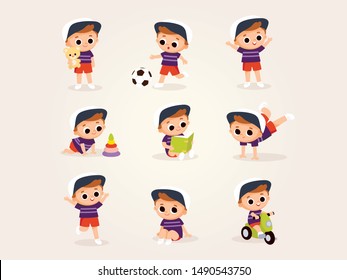 Big set of baby boy, child cartoon characters in various poses. Baby children with different emotions. Cute little kid in different poses.