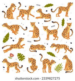 Gran grupo de leopardos de bebé. Animales de la jungla de predadores salvajes en diferentes poses ilustración vectorial de dibujos animados