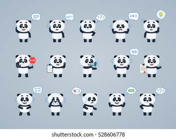 Große Gruppe von Baby-Panda-Charaktere posieren in verschiedenen Situationen. Kawaii Panda telefonisch, hält Stoppschild, Lautsprecher, Dokument und andere Aktionen. Flache Vektorgrafik