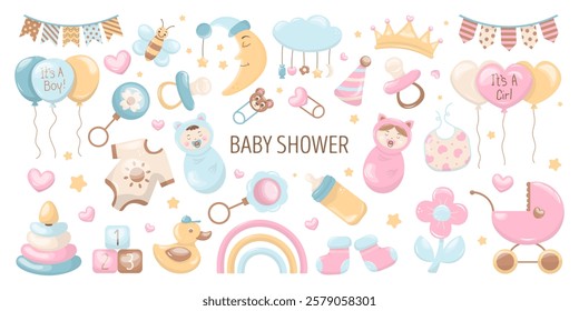 Big set of baby shower in hand drawn style. In pastel colors. Items for children. Great for card, invitation card, decoration party, design, print