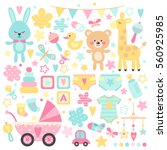 Big set of baby shower! Vector set of bright, cute children's elements. Set of toys, dolls, clothes, and other baby items.