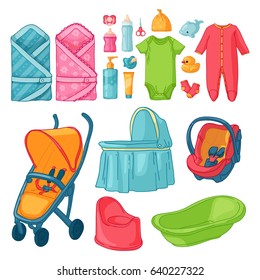 Big set baby stuff. Cute set of things for childrenhood. Isolated icons of baby goods for newborns. Clothing,  toys, accessories for hygiene, food for Infant.  Vector