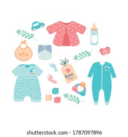 Grandes cosas para bebés. Bienes para recién nacidos. Ropa, juguetes, accesorios. La ilustración vectorial puede utilizarse para la página de aterrizaje, web, aplicación móvil, banner, afiche, volante, limpieza