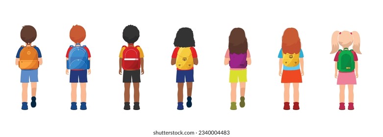 Un gran grupo de niños retrospectivos yendo a la escuela con mochila. Ilustración vectorial. 