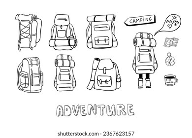 Big set of backpacks for camping and hiking in doodle style. Picnic, travel accessories and equipment. Travel and adventure design. Hand drawn vector illustration. Isolated on white background.