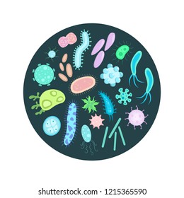 Big set of bacteria, virus and microbe organism. Biology and microbiology element. Dangerous and useful bacterium. Isolated flat vector illustration