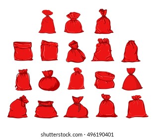 Big set of bags Santa Claus, vector bag. Illustration of a Christmas bag. Santa Claus red bag