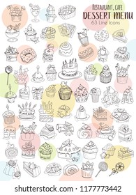Big set of bakery products, sweets, desserts sketches, line icons, elements design for restaurant, Bar, café menu, hand drawing style, vector illustration, black contour on white
