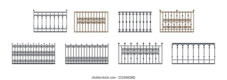 Big Set of balcony railing and fence fencing from stainless steel, iron. Collection of architectural elements. vector illustration isolated on white background.