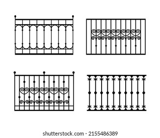 Big Set of balcony railing and fence fencing from stainless steel, iron. Collection of architectural elements. vector illustration isolated on white background.