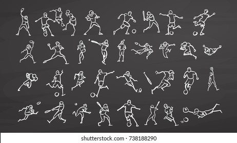 Big set ball sport doodles on chalkboard. Handdrawn vector sketch, clean outlines, vintage style blackboard.