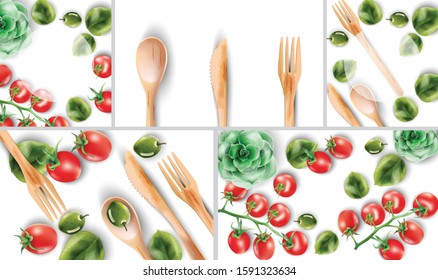 Big set of bamboo toothbrushes and eating cutlery with green leaves on white napkin. Lime, spinach and aloe vera plant decorations. Colorful background. Ecology products vector