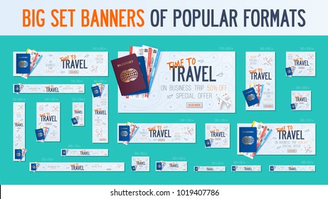 Big set banners adapted to popular formats for your website, ads. Business trip banner, passport with tickets, air travel concept.