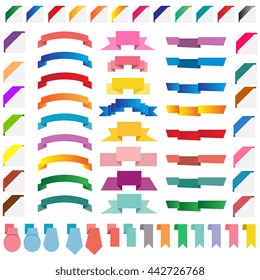 Big set of banners colored ribbons. Original paper ribbons. Concept for market or website. Vector flat style illustration.