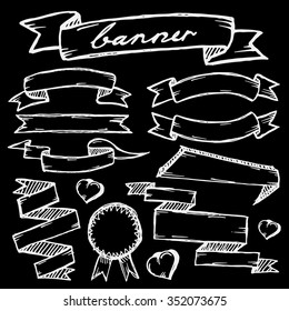 Big set banners on black background. Vector illustration. Hand drawn.