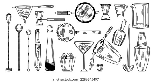 Big set of bar accessories, shakers, strainers, bar spoon, mixing glass, line art style 