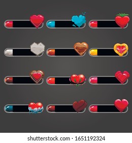 Big set of bar downloader with different hearts. Game interface elements. Game resource bar. Vector illustration