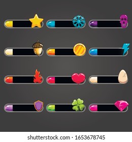 Große Auswahl an Balkendownloader mit verschiedenen Symbolen. Game-Interface-Elemente. Spielressource-Leiste. Vektorillustration
