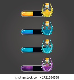 Big Set Of Bar Downloader With Elexir Bottles. Game Interface Elements. Game Resource Bar. Vector Illustration