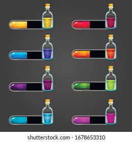 Big set of bar downloader with elixir bottles. Game interface elements. Game resource bar. Vector illustration