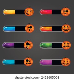 Gran juego de descargador de barras con calabaza de Halloween. Elementos de interfaz de juego. Barra de recursos de juego. Ilustración del vector