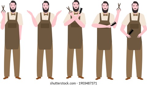 Big set of barber man character with various activities