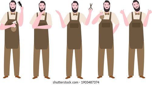 Big set of barber man character with various activities