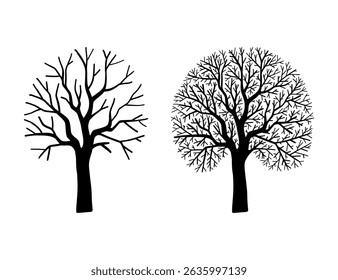 Big set of bare circle shaped tree silhouette hand drawn illustration, line art for autumn winter applications, fabric patterns, woodland theme decor, botanical art for Halloween gothic decorations