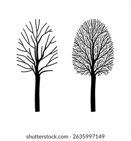 Big set of bare circle shaped tree silhouette hand drawn illustration, line art for autumn winter applications, fabric patterns, woodland theme decor, botanical art for Halloween gothic decorations