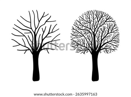 Big set of bare circle shaped tree silhouette hand drawn illustration, line art for autumn winter applications, fabric patterns, woodland theme decor, botanical art for Halloween gothic decorations