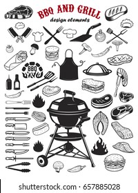 Big set of BBQ and Grill design elements. Kitchen tableware, grilled meat, salmon meat, burger, sandwich, pepper, mushrooms, tomatoes. Elements for logo, label, emblem,  poster, restaurant flyer. 