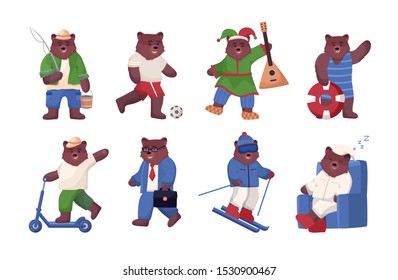 Big set of bear in different situations, animal is engaged in active sports and recreation, fishing, plays football and  balalaika, rides a scooter, goes to work and skiing, sleeps in an armchair.