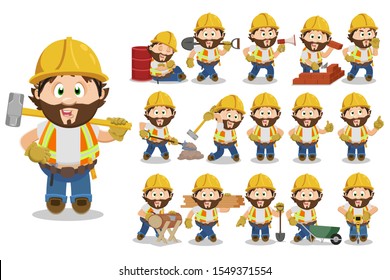 Big set with bearded builder, foreman in hardhat in different situations. Repairer, carpenter in industrial vest digging, carrying wood boards, working, showing hand gestures. Cartoon vector on white.