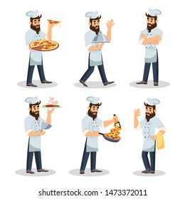 Big set with bearded chef in cap and apron who cooking meal, carrying dishes to guests, offering to try delicious food, smiling and showing OK sing. Cartoon vector illustration isolated on white.