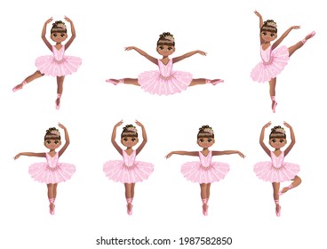 Big set of beautiful black girl in a pink tutu. Cute little ballerina is dancing. Vector illustration isolated on a white background.