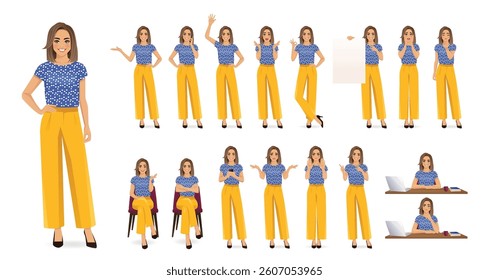 Big set of beautiful business woman wearing bright clothes in different poses. Various gestures female character standing and sitting at the desk. Isolated vector illustration
