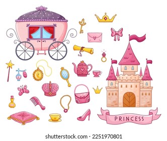 Big set of a beautiful castle, coach and design elements. Accessories for a doll in a cartoon style. Vector illustration.