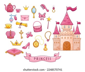 Gran conjunto de un hermoso castillo y elementos de diseño. Accesorios para una muñeca en un estilo de dibujos animados. Ilustración vectorial.