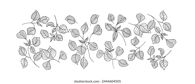 Big set of beautiful leaves and stems with flowers in doodle style. Hand drawn realistic leaves. Decorative vector elements for tattoo, greeting card, wedding invitation.
