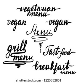 Big set of beautiful lettering for the menu of cafes and restaurants. Hand drawn vector illustration isolated on white background, clipart. Inscription vegetarian, vegan, grill, fast food, breakfast.