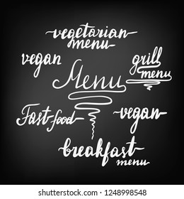 Big set of beautiful lettering for the menu of cafes and restaurants. Chalkboard blackboard lettering writing handwritten text, chalk on a blackboard, vector illustration. 