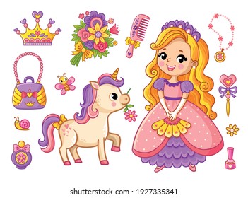 Big set of a beautiful little princess and unicorn. Accessories for a doll in a cartoon style. Vector illustration.
