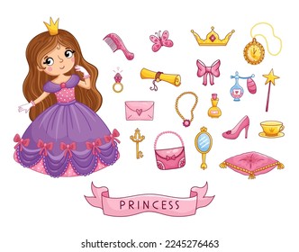 Big set of a beautiful little princess in a purple dress and design elements. Accessories for a doll in a cartoon style. Vector illustration.