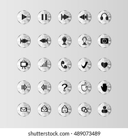 Big set of beautiful metallic gray web icons on gray background. In a set of twenty icons. Large collection. Web Site & Internet, metal round series