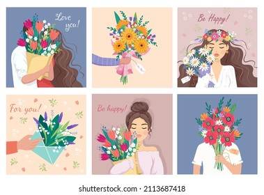 Big Set of Beauty, gift, love hug concept. Young woman girl cartoon hiding behind the bouquet of flowers chamomile on blue and pink background. womens day present illustration. March 8 Valentine's Day