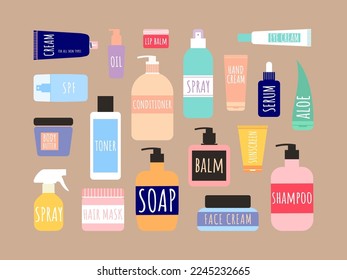 Big set of beauty products. Cosmetics bottles for haircare, bodycare and skincare. Vector flat illustration of creams, shampoo, balm, toner, sunscreen, etc.