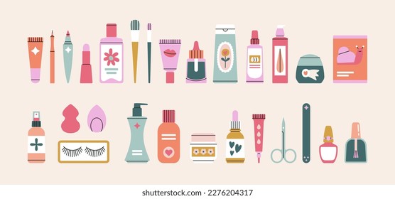 Big set of beauty products. Cream, cleanser, tonic, sheet mask, serum, moisturizer, essence, mascara, lipstick, foundation etc. Make up, manicure and skin care cosmetics. Vector illustration.