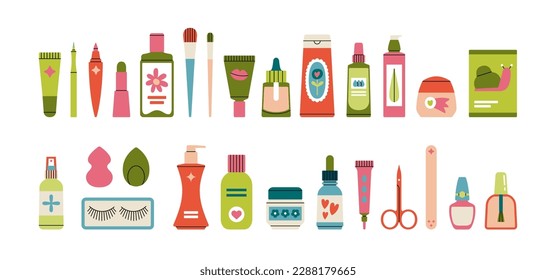 Gran surtido de productos de belleza. Crema, limpiador, tónico, máscara de hoja, suero, hidratante, esencia, rímel, labios, cimientos, etc. Fabricación, manicura y cosméticos de cuidado de la piel. Ilustración vectorial.