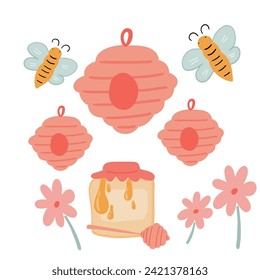 Big set with bee hive flowers jars flat design 